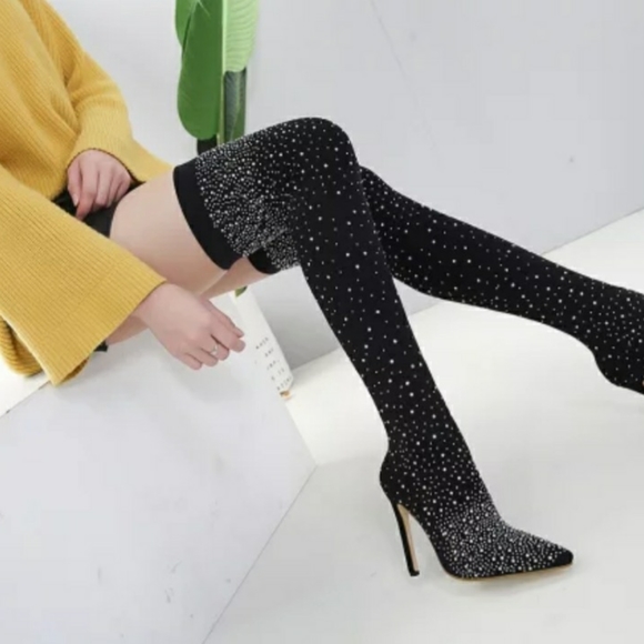 BLACK STOCKING HEEL/BOOTS WITH DIAMONDS SIZE 38 (KELOLA DS) BRAND - Picture 4 of 7